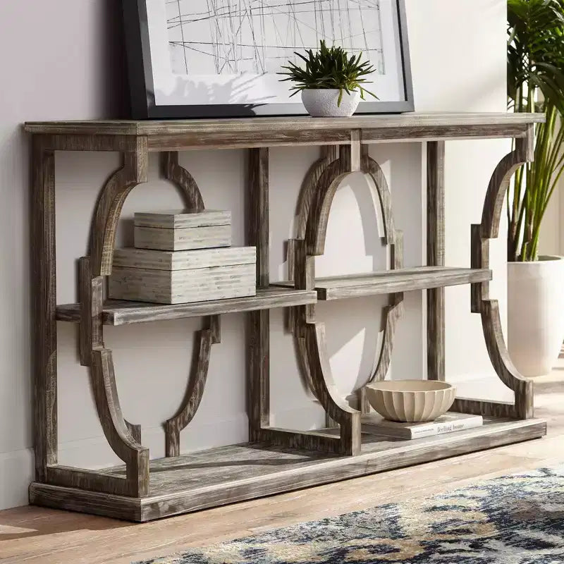 Farmhouse Rustic Chestnut Wood Console Table 64"x15" with 3-Tier Bookshelf, Brown