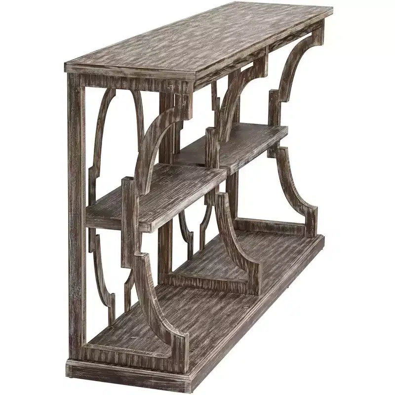 Farmhouse Rustic Chestnut Wood Console Table 64"x15" with 3-Tier Bookshelf, Brown