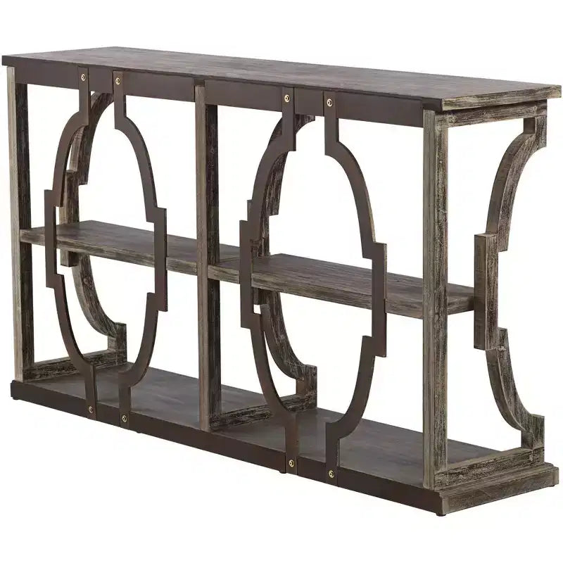 Farmhouse Rustic Chestnut Wood Console Table 64"x15" with 3-Tier Bookshelf, Brown