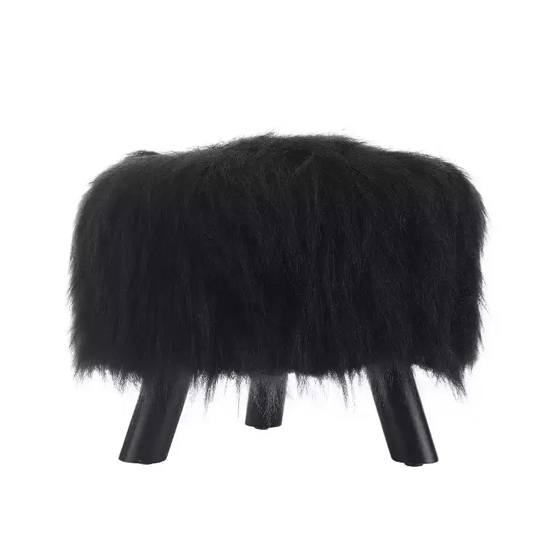 Faux Fur Round Foot Stool Ottoman, Padded, Wood Legs