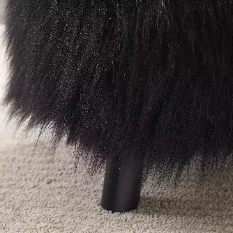 Faux Fur Round Foot Stool Ottoman, Padded, Wood Legs