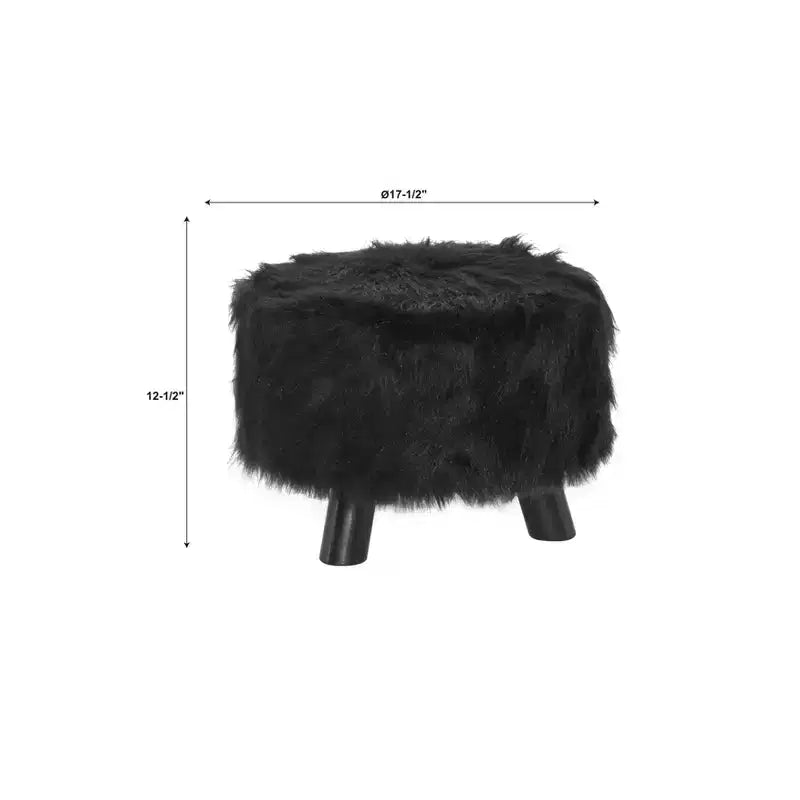 Faux Fur Round Foot Stool Ottoman, Padded, Wood Legs