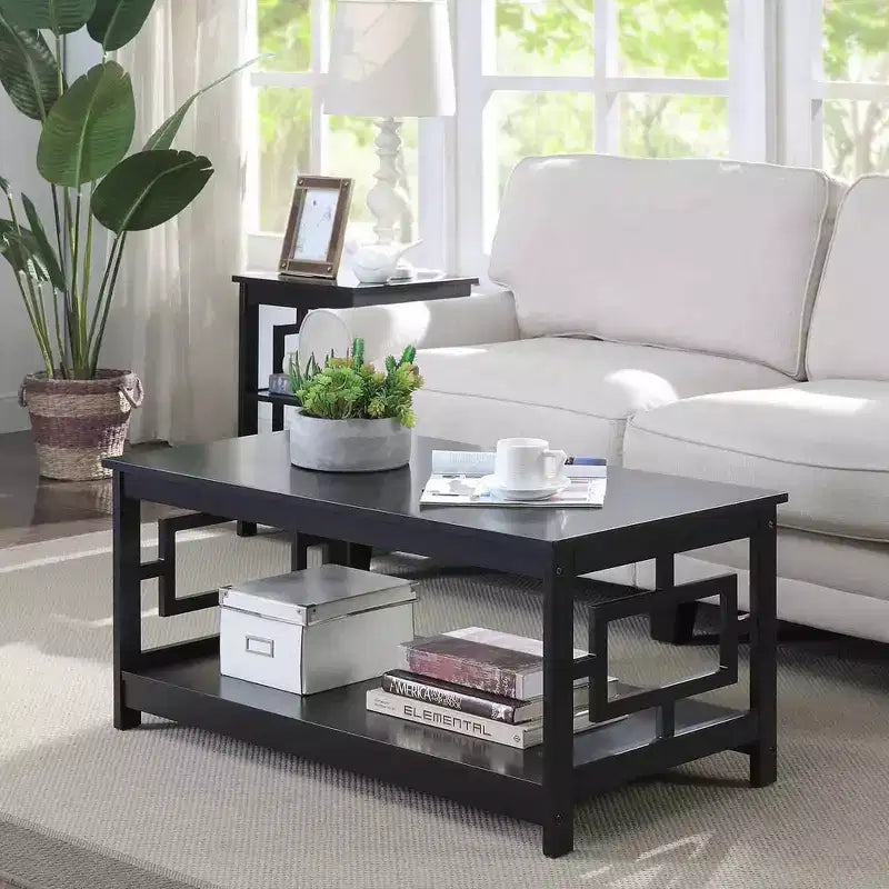 Coffee Table with Shelf, Black, MDF Frame, 4-Leg Base