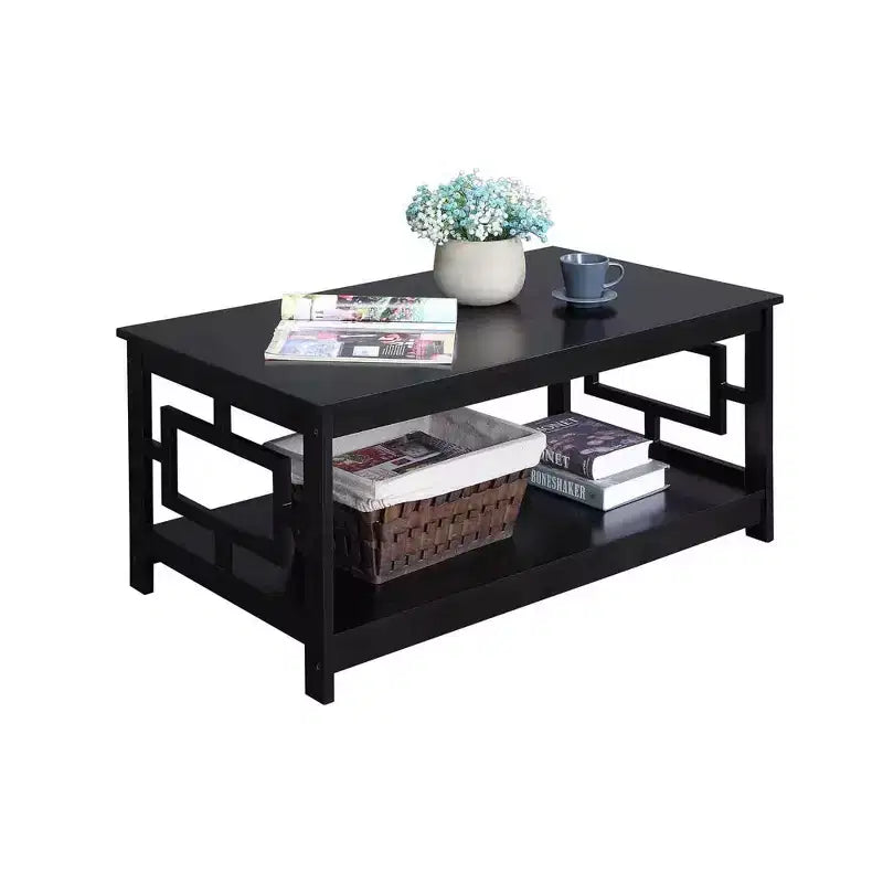 Coffee Table with Shelf, Black, MDF Frame, 4-Leg Base