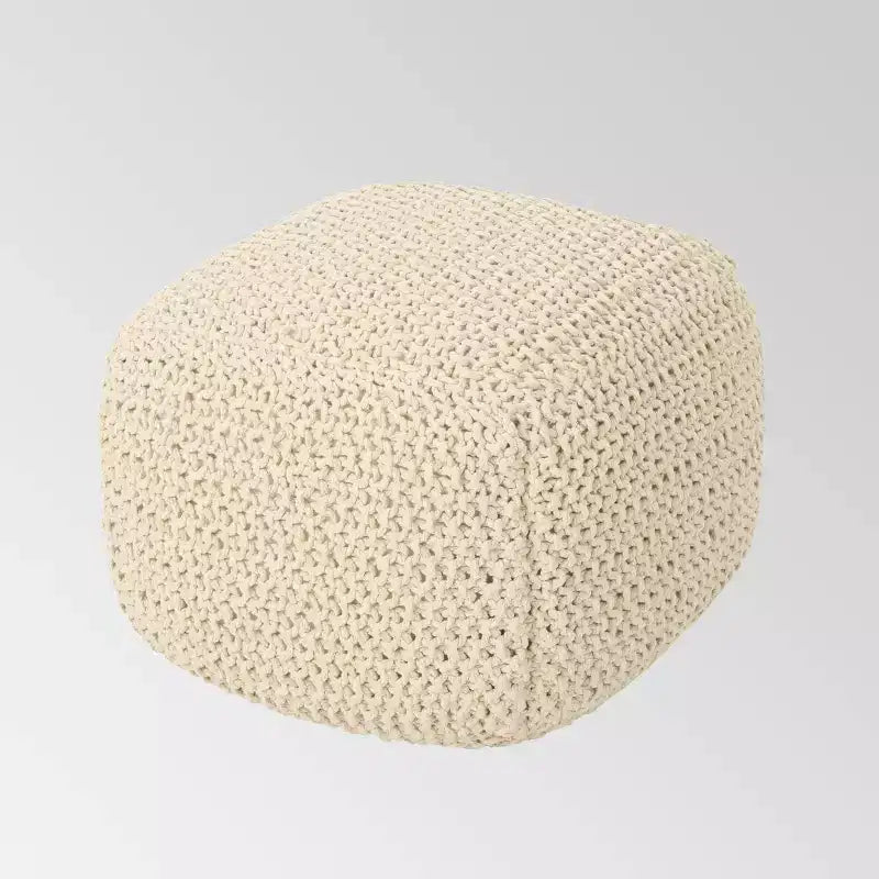 Knitted Pouf, Square, Hand-Stitched 100% Cotton, Natural