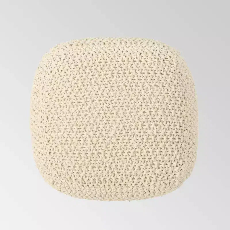 Knitted Pouf, Square, Hand-Stitched 100% Cotton, Natural