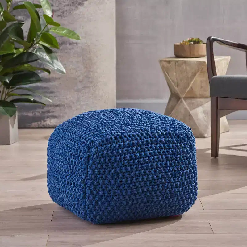 Knitted Pouf, Square, Hand-Stitched 100% Cotton, Natural
